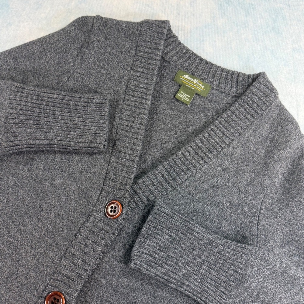 Eddie Bauer Cardigan Women L Gray Good Merino Wool Longline Button Pocket